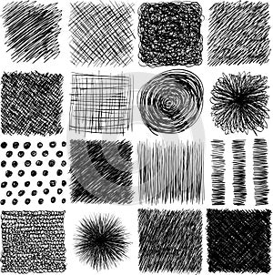 Vector set, ink hand drawn hatch texture. Abstract grunge lines, points, hatching, strokes and other graphic design