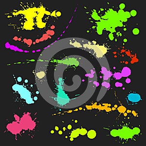 Vector set of ink splashes blots splatter collection grunge design element and art messy backdrop color dirty liquid