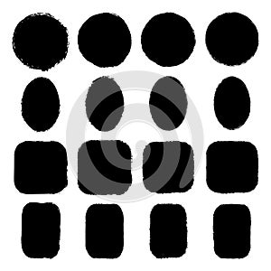 Vector set of ink-stained oval, round, rectangular, square grunge stickers with uneven rough edges