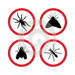 Vector set of insects silhouette in red circle