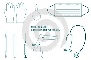 Vettore un impostato composto da dispositivi ostetricia un ginecologia. specchio medico siringa guanti, spatola 