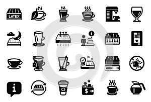 Vector Set of Interiors icons related to Espresso, Flexible mattress and Mint tea. Vector