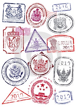 Vector set of international passport stamps.