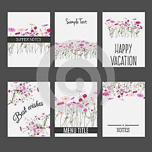 Vector set of invitation cards with wild summer field flowers elements and calligraphic letters. Suitable for wedding