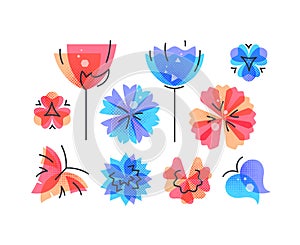 Vector set of isolated abstract color flowers and butterflies