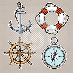 Vector set with isolated anchor, lifebuoy, ships wheel, compass.