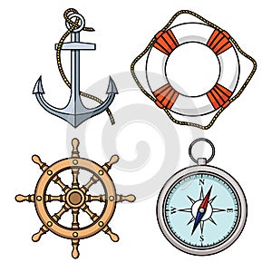 Vector set with isolated anchor, lifebuoy, ships wheel, compass.