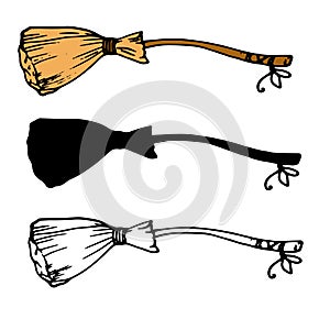 Vector set of isolated broom elements with a yellow bow, and a black outline and silhouette on a white background. hand-drawn