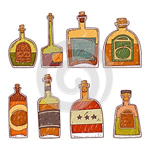 Vector set of isolated cartoon bottles. Bar menu. Contour illustration of vintage glass bottles with strong alcohol colored with