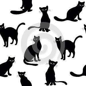 Vector set of isolated cat silhouettes, seamless pattern with black cats, vector illustration
