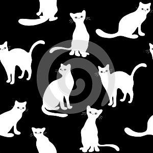 Vector set of isolated cat silhouettes, seamless pattern with black cats, vector illustration