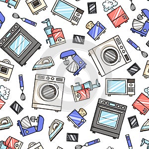 Vector set with isolated colored doodles of home appliances and electronics on white color. Home equipment