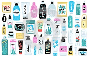 Vector set of isolated cosmetic products. Natural cosmetics. Beauty care. Flat hand drawn elements