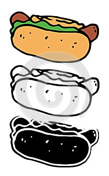 Vector set of isolated elements of street fast food HOT dog. Hot dog hand drawn in doodle style black outline and silhouette and