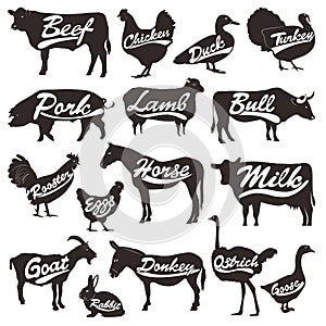 Vector set of isolated farm animals silhouettes