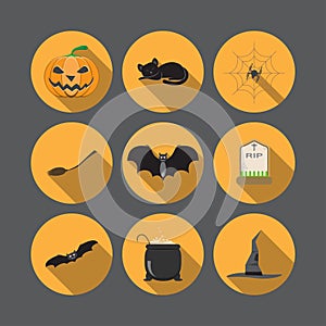 Vector set of isolated Halloween icons on the yellow background with shadow.