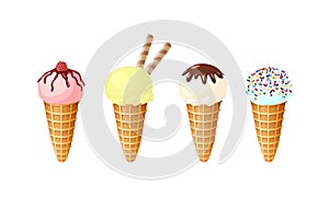 Vector set of isolated ice creams with different flavors and decor