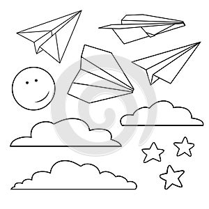 Vector set with isolated paper planes, stars, moon, clouds.