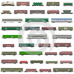 Vector set of isolated railway trains, railcars, waggons, vans