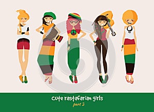 Vector set with isolated rasta girls. Rastafarian clothes in bright colors, ethnic accessories, music instruments. Smiling charact