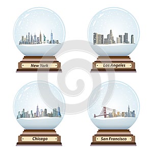 Vector set of isolated snow globes with United States city skylines