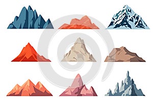 Vector set of isolated snowy mountains, mountain peak, hill, rock. Flat vector illustration
