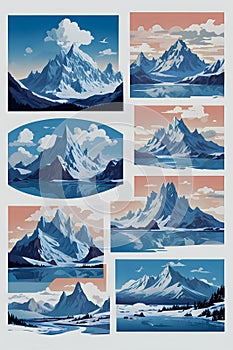 Vector set of isolated snowy mountains, mountain peak, hill top, iceberg, nature landscape.