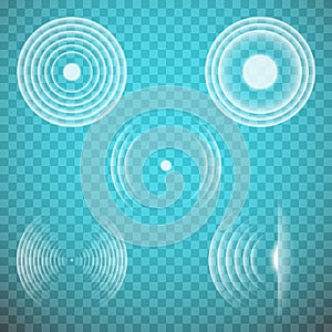 Vector set of isolated transparent sound waves design elements.