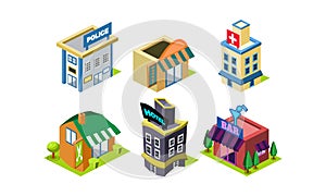 Vector set of isometric city constructor elements. Public buildings. Police department, market, hairdressing salon