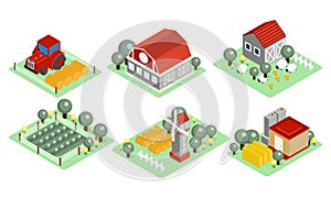 Vector set of isometric farm icons. Wooden barns, tractor, field with harvest, grazing sheep, windmill. Elements for