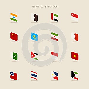 Vector set of isometric flags in simple style of India, Qatar, B