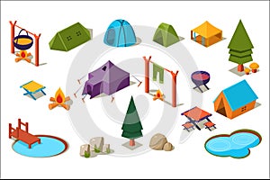 Vector set of isometric icons for camping. Active recreation. Forest element trees, stones, lakes , various tents