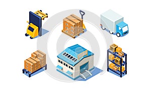 Vector set of isometric warehouse and logistics elements. Storage and transportation. 3D icons