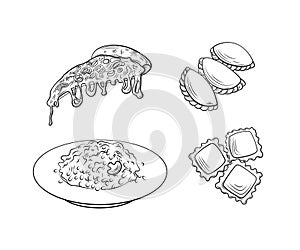 Vector Set of Italian Food Icons, Outline Black and White Illustrations, Hand Drawn Food.