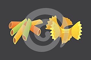 Vector set Italian pasta in cartoon style. Different types and shapes of macaroni with.