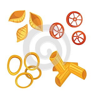 Vector set Italian pasta in cartoon style. Different types and shapes of macaroni with. Ravioli, spaghetti, tortiglioni