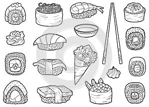 Vector set of japanese food, colorless collection of cartoon sushi, sashimi and rolls