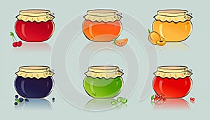 Vector set of jars with berry and fruit jam.