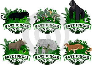 Vector set of Jungle rainforest Emblems with elephant, puma cougar, panther, gorilla, wild hog babirusa and buttrflies