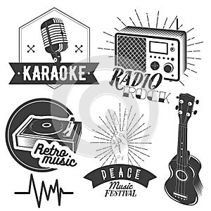 Vector set of karaoke and music labels in vintage style. Guitar, microphone, gramophone, radio receiver isolated on