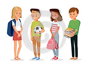 Vector set of kids children teenagers characters in different poses, clothes , wear with books.