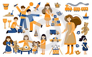 Vector set kindergarten, children play and nanny. Illustration designer for kindergarten, toy store, baby-sitter, school.