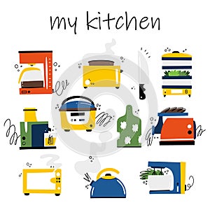 Vector set of kitchen appliances. Mixer, kettle, toaster, juicer, steamer, slow cooker, microwave, meat grinder, cutting Board and