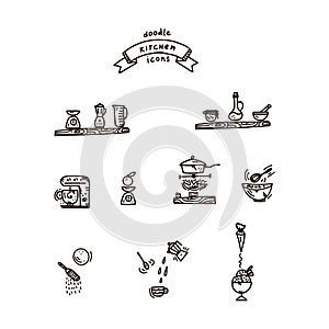 Vector set of kitchen Doodle illustrations. Design collection kitchen cafe: Cooking food, kitchen utensils, pots, pans