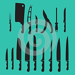 Vector set kitchen knives, shadow black