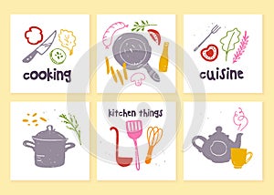Vector set of kitchen labels for menu design, chalkboard drawing, advertising, logo samples, tags, packaging, emblems etc