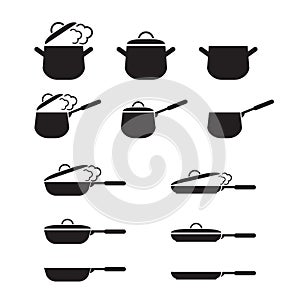 Vector set of kitchen utensils icons. Collection pots and pans with lids.