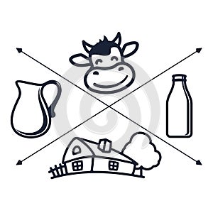 Vector set of labels and icons for milk and dairy produce.