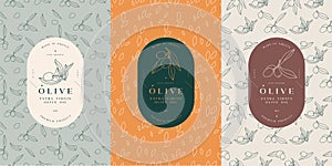 Vector set labels with olive branch - simple linear style. Emblems composition with olives and typography. Seamless