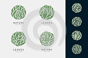 Vector set of leaf circle logos, green, nature abstract icons. Ogranic round shape emblems.